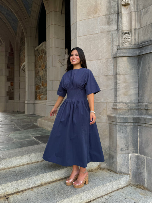 Navy Pleated Dress