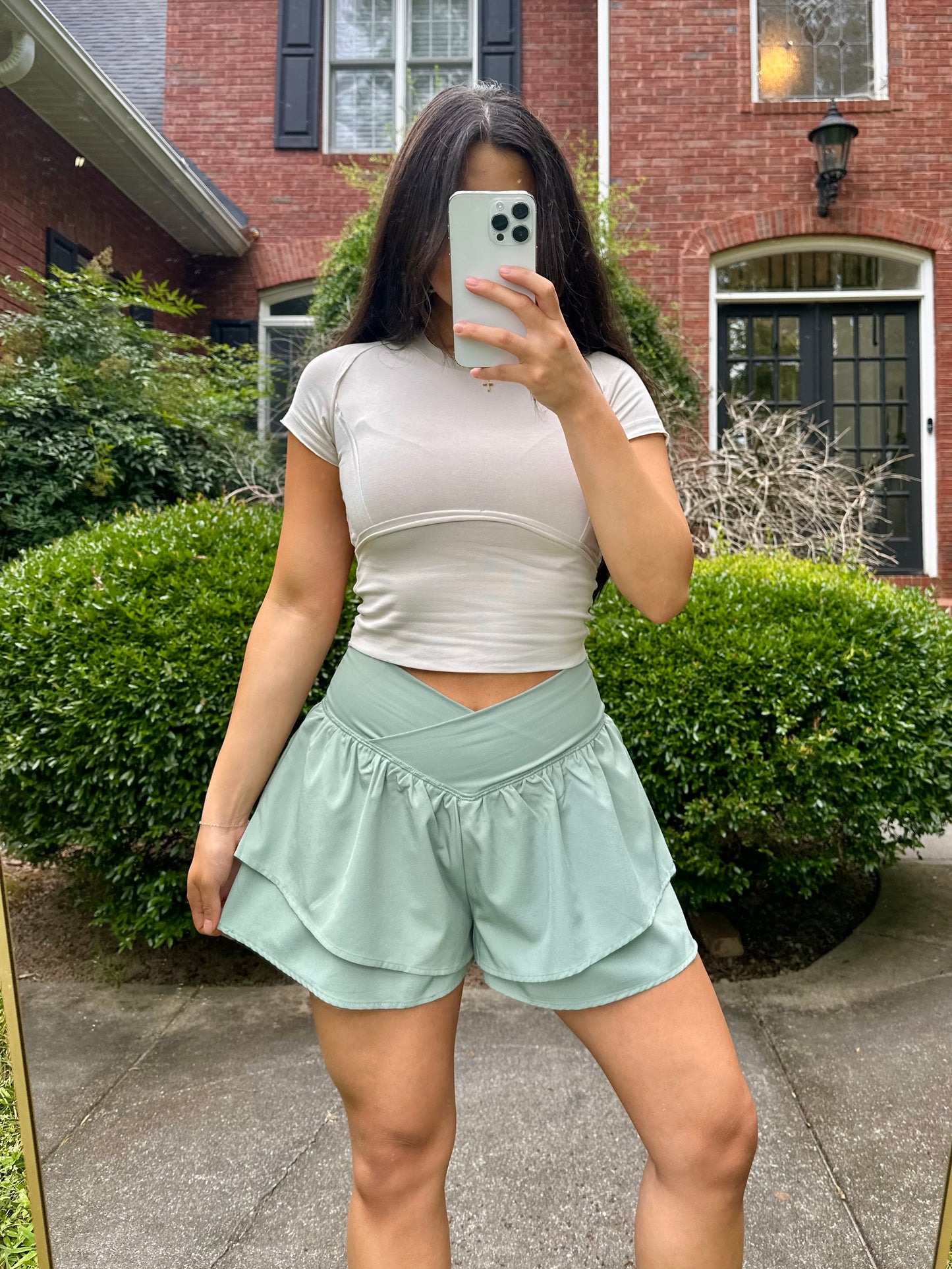 Sage V-Cross Waist Ruffle Shorts