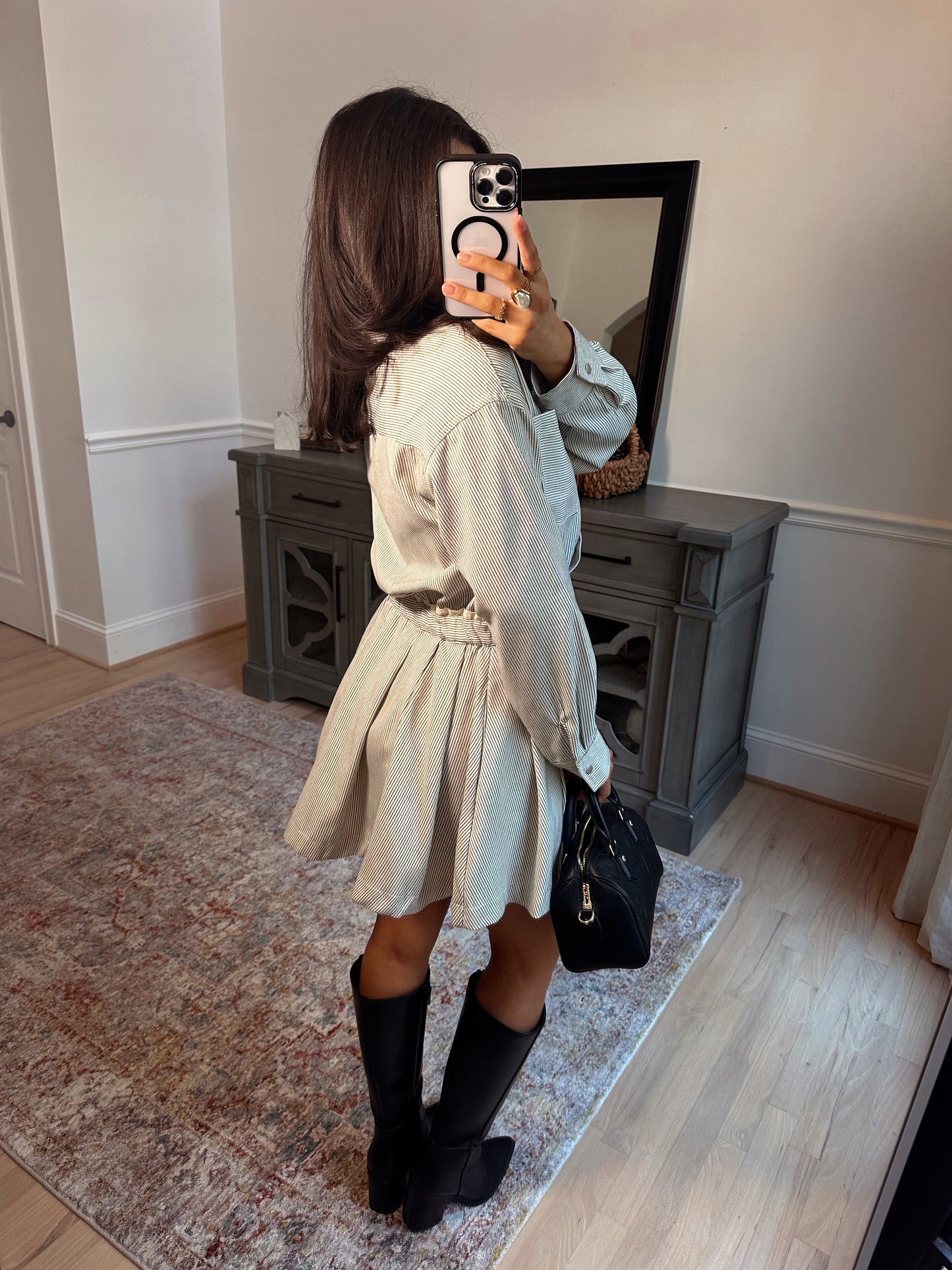 The Hostess Pinstripe Pleated Dress