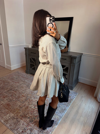 The Hostess Pinstripe Pleated Dress