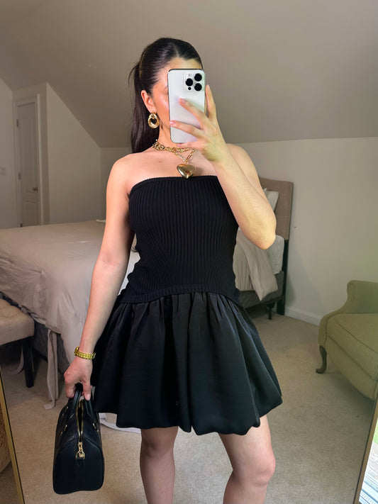 Black Mixed Sweater & Bubble Hem Mini Dress