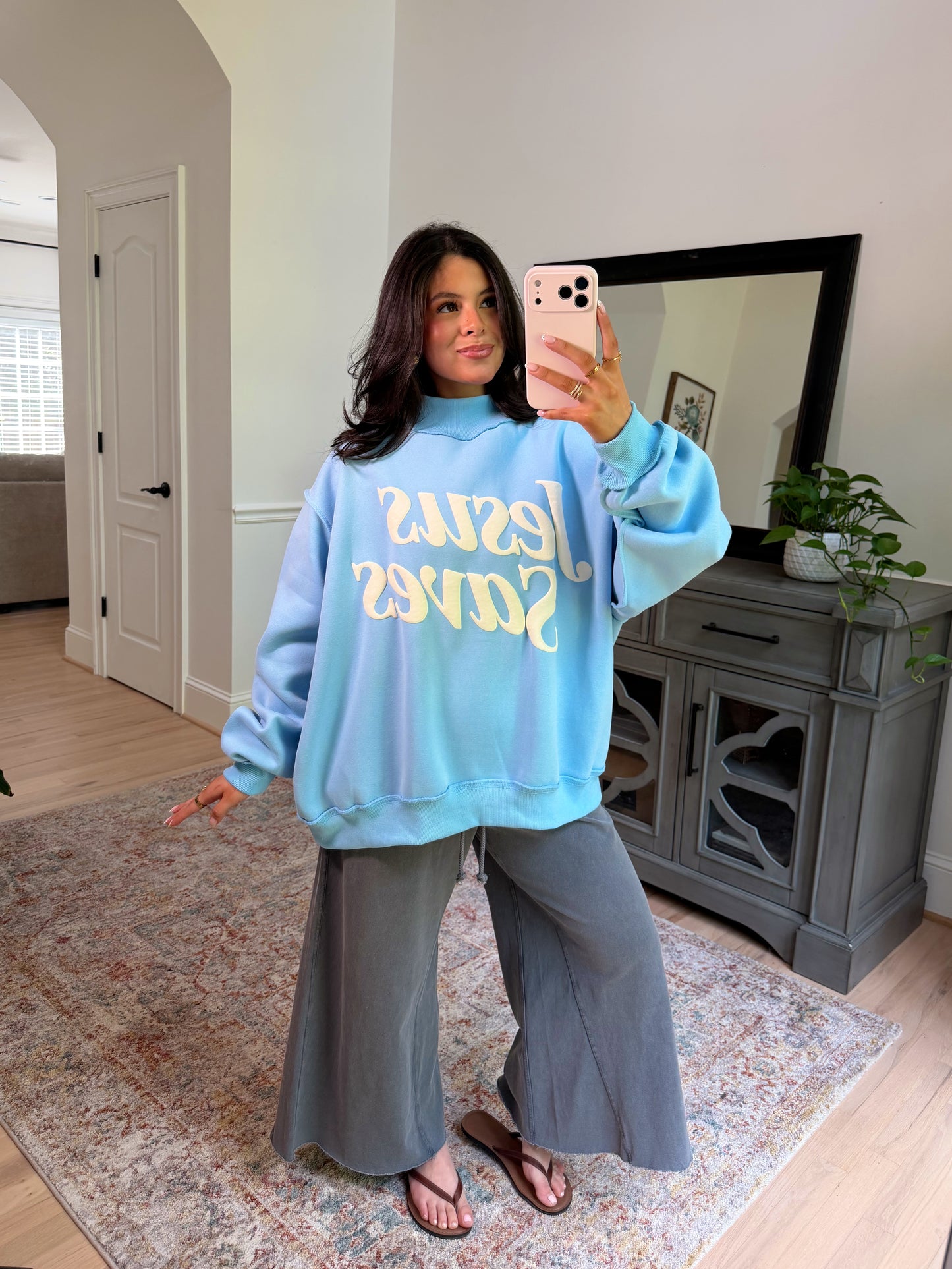‘Jesus Saves’ Puff Blue Mockneck