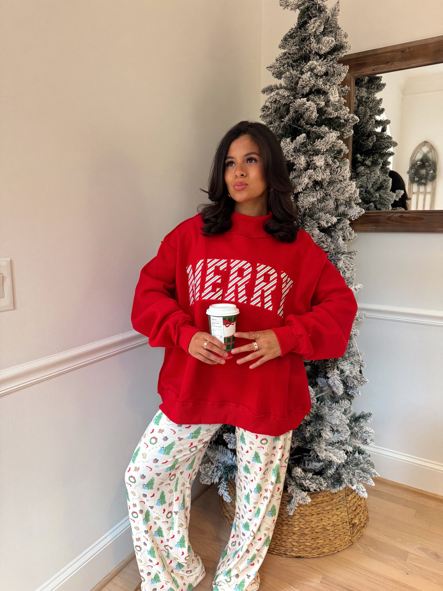 Red Candy Cane 'Merry' Embroidered Mockneck