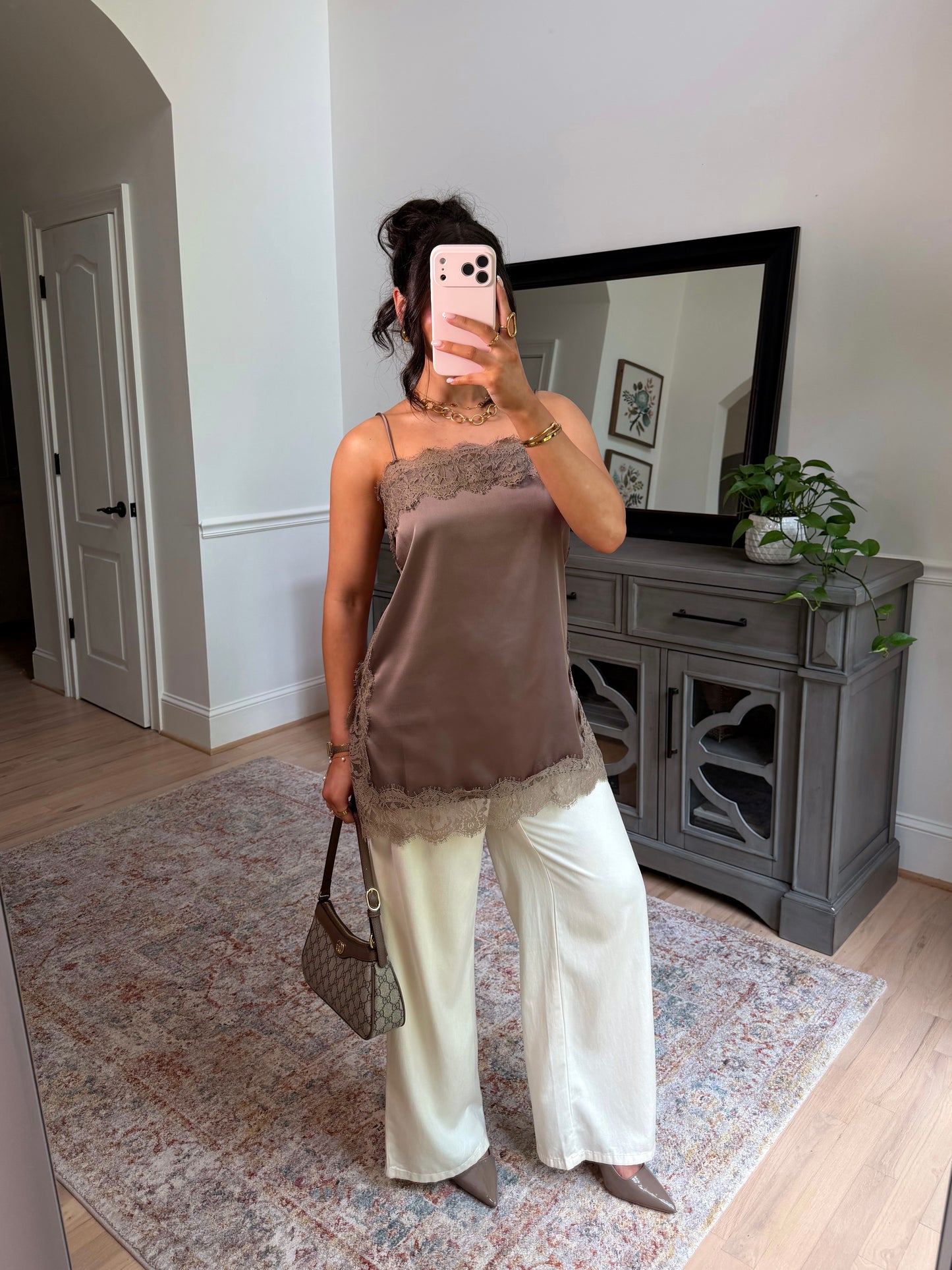 Olive Mocha Lace Satin Top