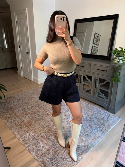 Navy Pleated Tailored Shorts