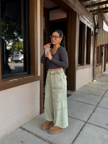 Sage Cargo Flowy Cropped Pants