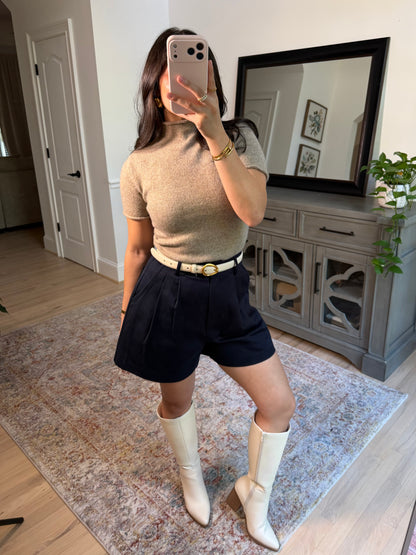 Navy Pleated Tailored Shorts