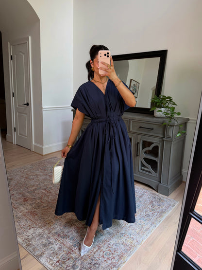 Darling Navy Pleated Midi Dress