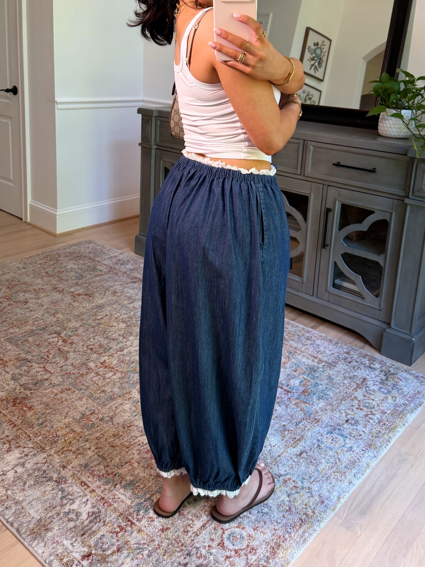Chic Ease Denim Lace-Trim Pants