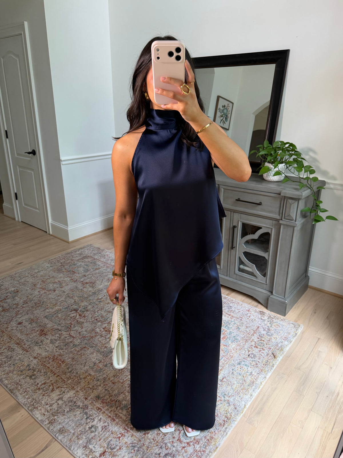 The Hamptons Navy Satin Top & Pant Set