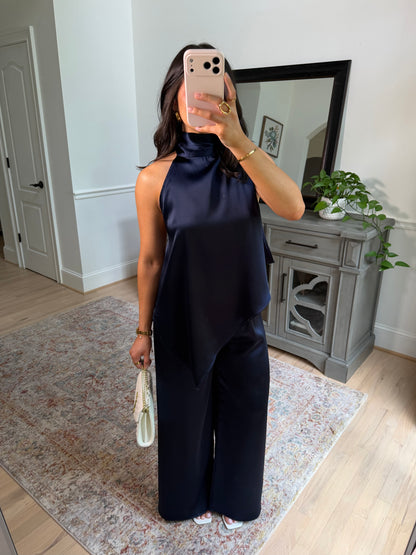 The Hamptons Navy Satin Top & Pant Set