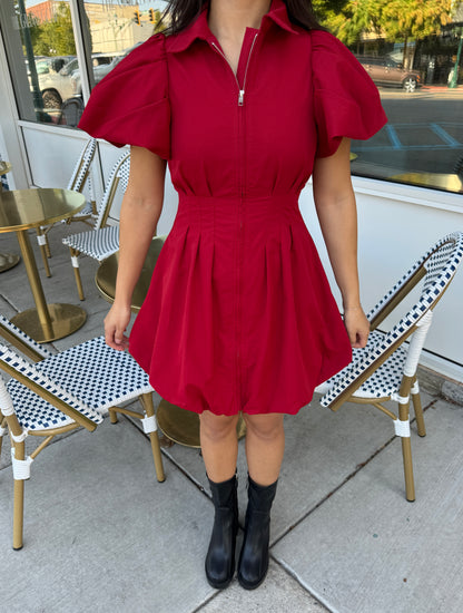 Deep Red Zip Up Bubble Dress