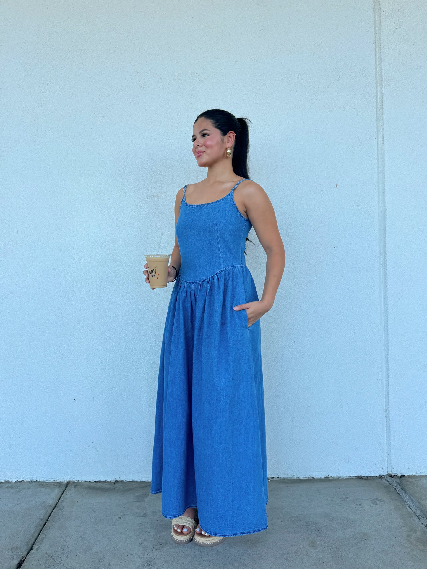 Denim Open Back Maxi Dress