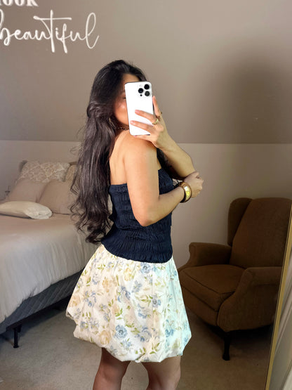 Cool Toned Floral Bubble Hem Mini Dress