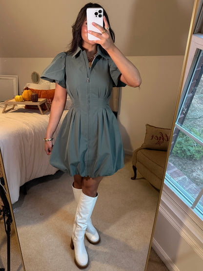 Olive Zip Up Bubble Dress
