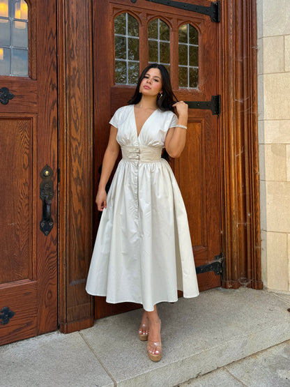 Beige Belted Buckle Dress