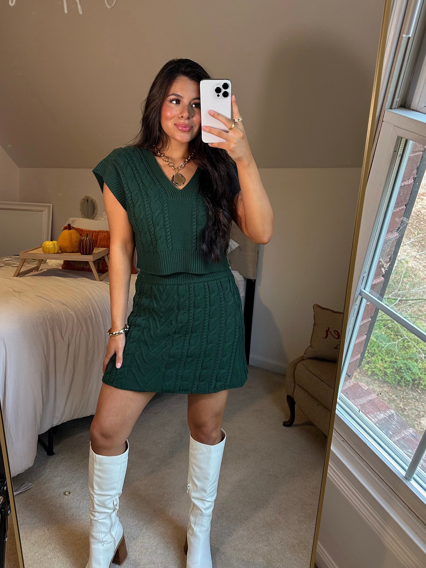 Dark Green Cable Knit Vest & Skirt Set