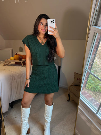 Dark Green Cable Knit Vest & Skirt Set