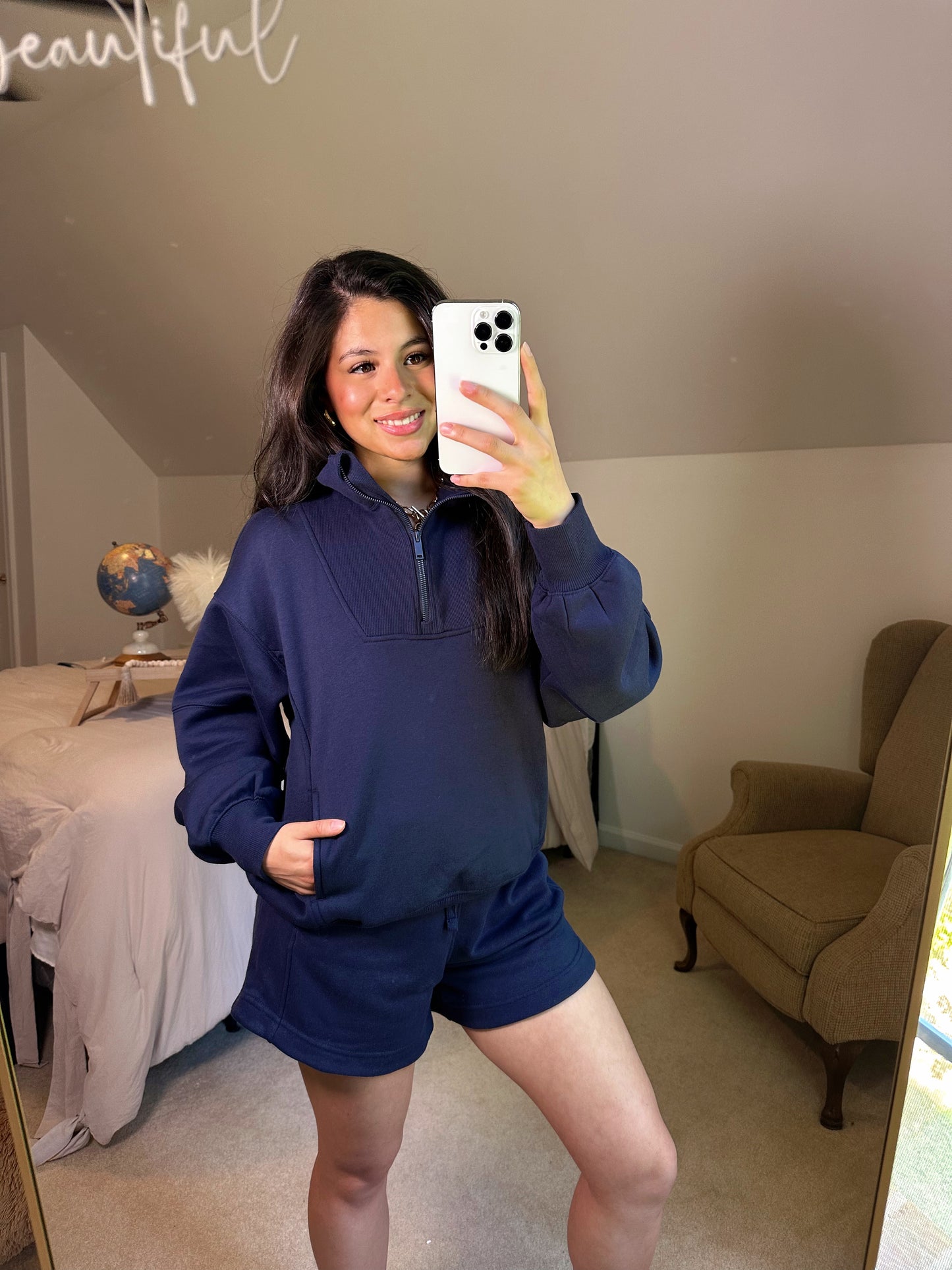 Navy Quarter Zip Sweater and Shorts Set
