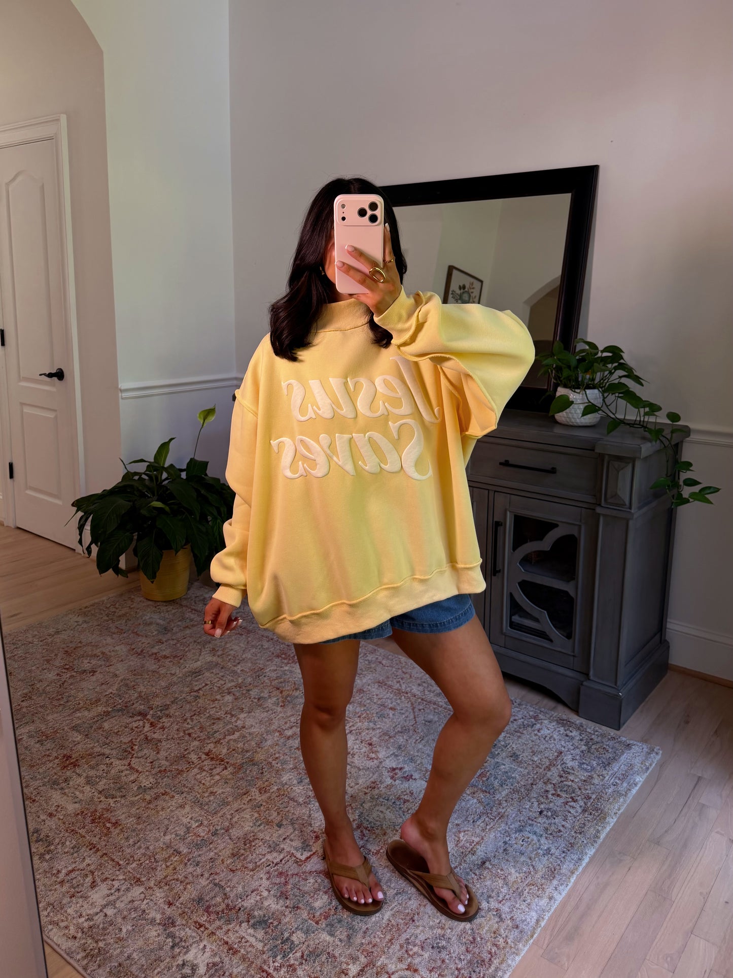 ‘Jesus Saves’ Puff Yellow Mockneck