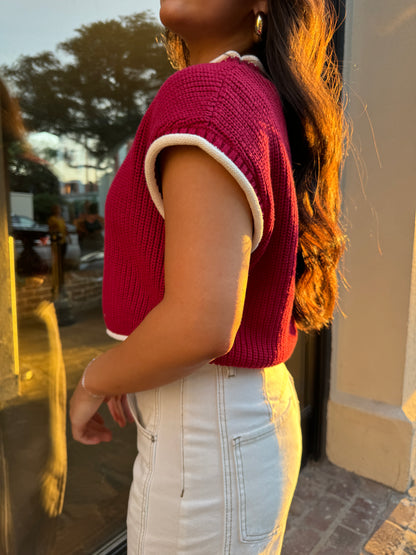 Crimson White Contrast Knit Top