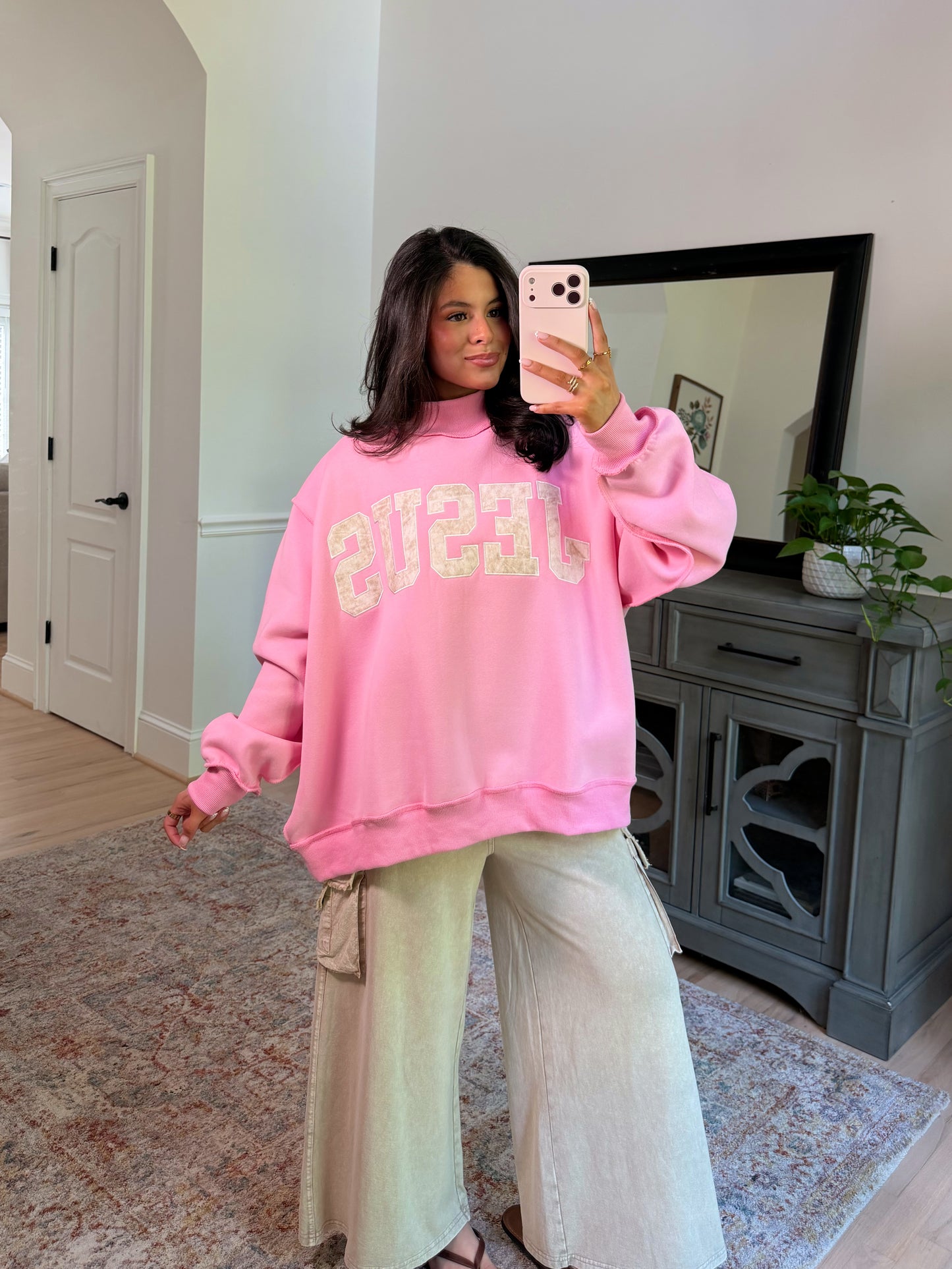‘JESUS’ Camo Embroidered Pink Mockneck