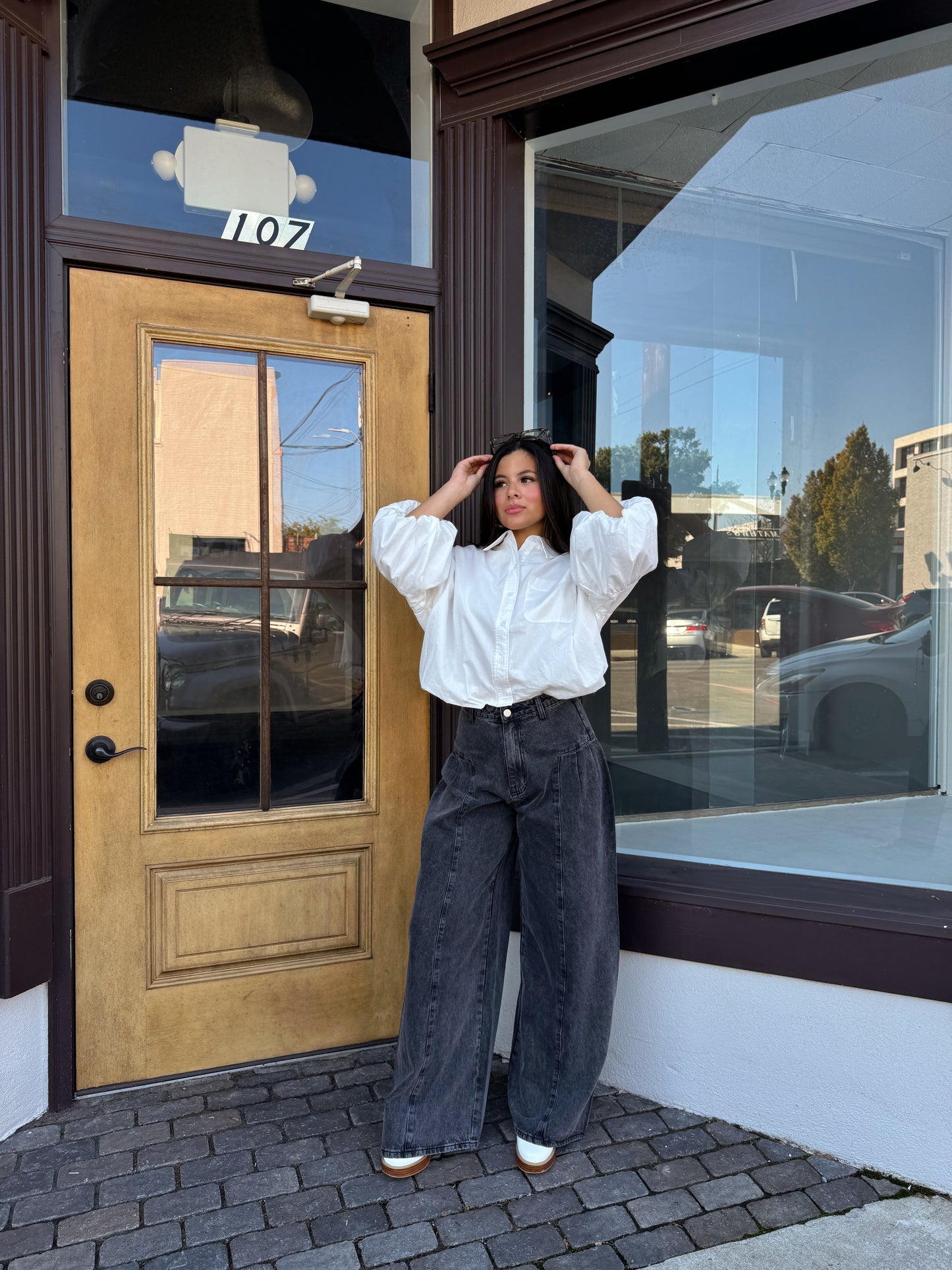 White Bubble Hem Button-Up Top