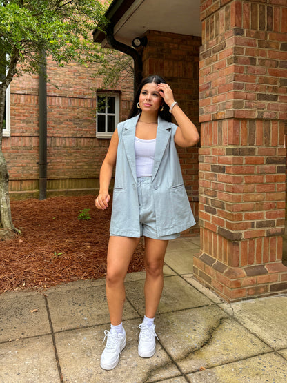 Dusty Blue Vest and Shorts Set