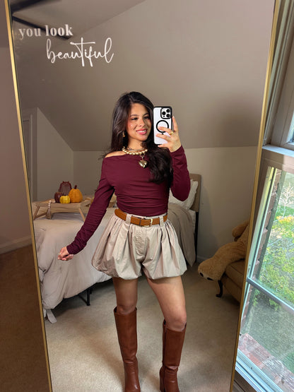 Burgundy Off-Shoulder Ruched Top