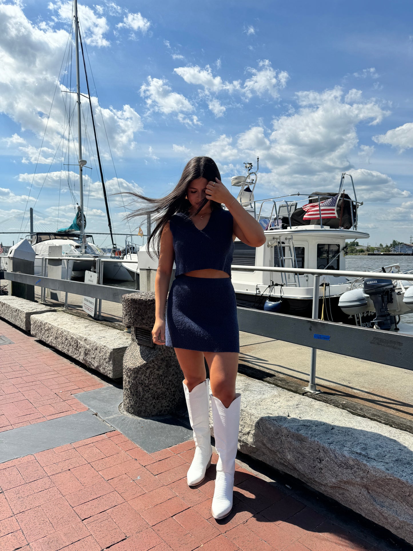 Navy Top and Skirt Knit Set