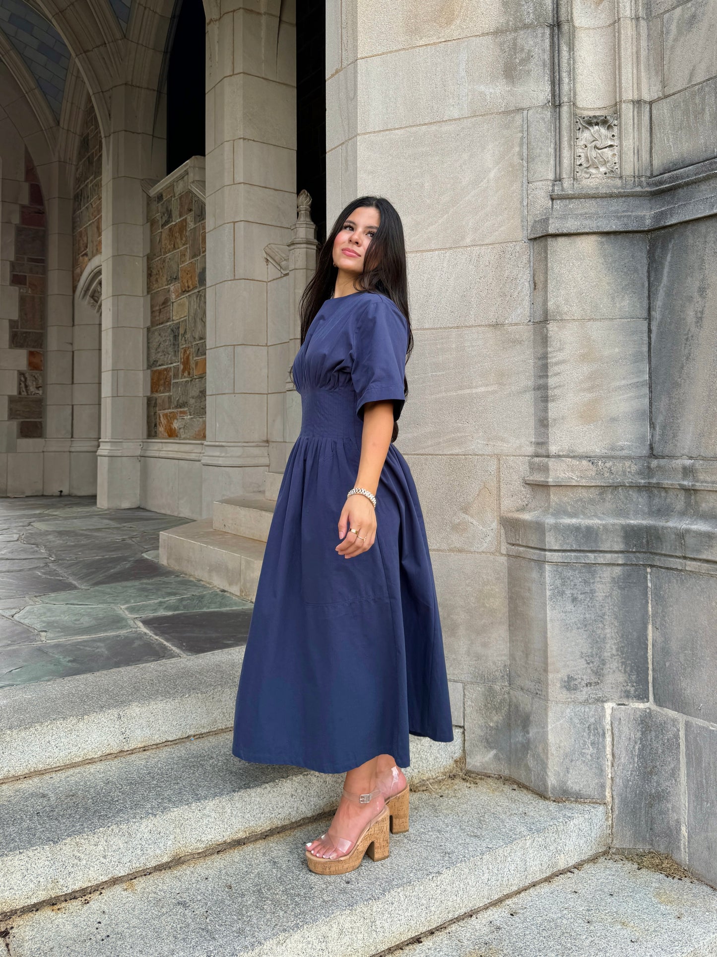 Navy Pleated Dress