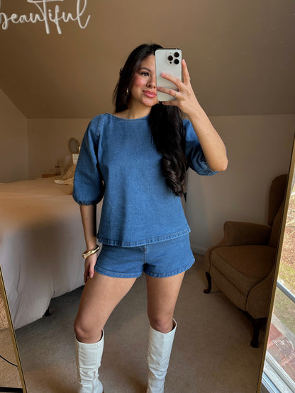 Denim Puff Sleeve Top & Shorts Set