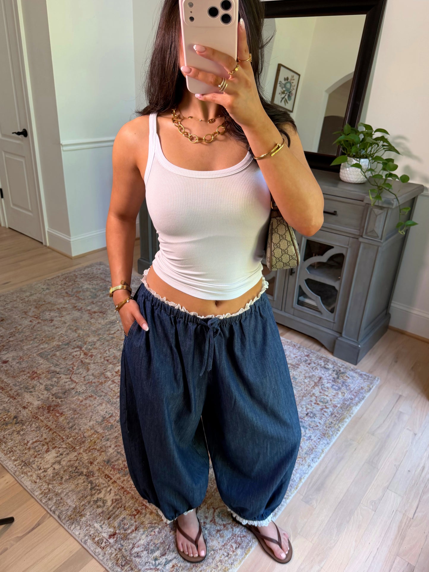 Chic Ease Denim Lace-Trim Pants