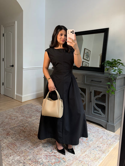 Black Magnolia Pleated Midi Dress