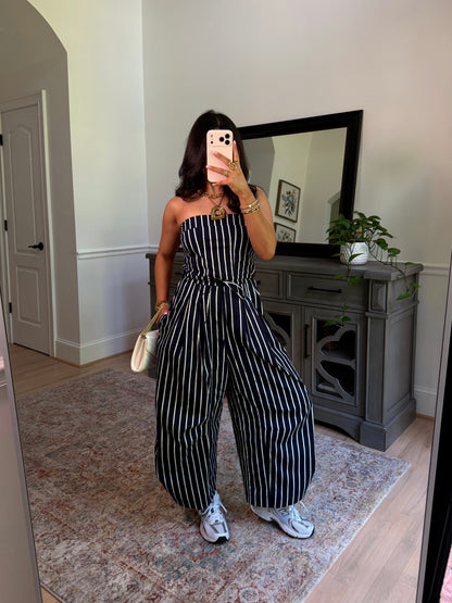 Around Town Striped Navy Jumpsuit