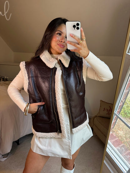 Brown Leather Sherpa Zip-Up Vest