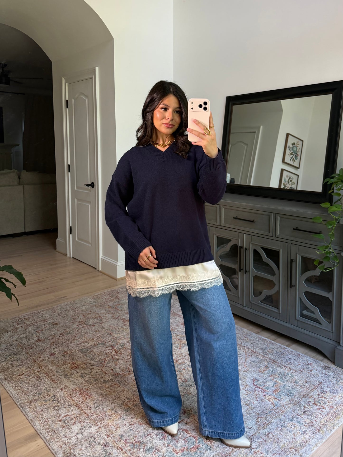 Navy Lace Trim Sweater