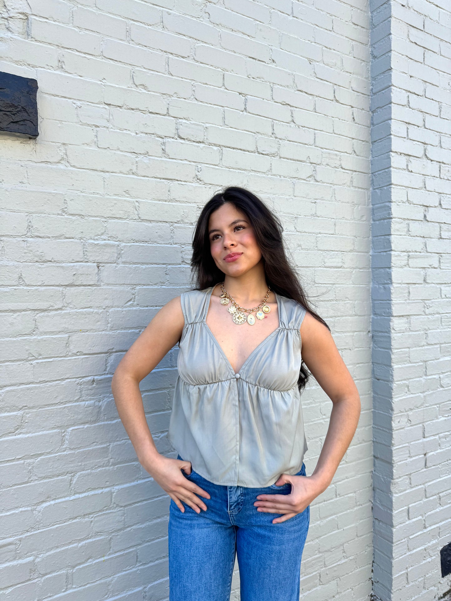 Dove Grey Button Ruched Top