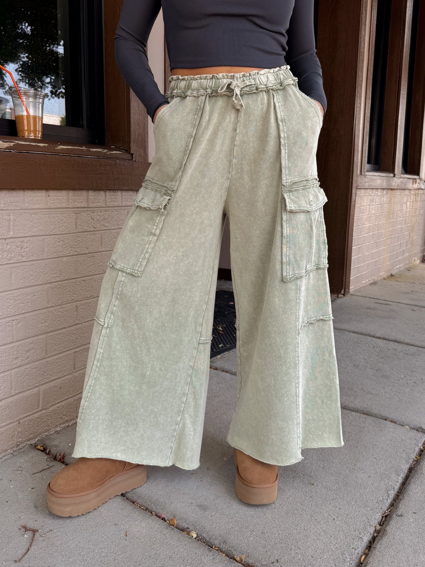 Sage Cargo Flowy Cropped Pants