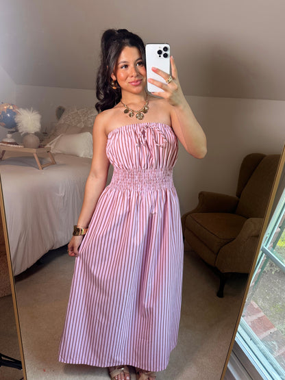 Pink Striped Tube Midi Dress