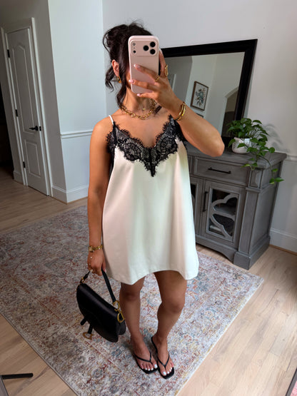 Sweet Escape Pleather Lace Dress (White/Black)