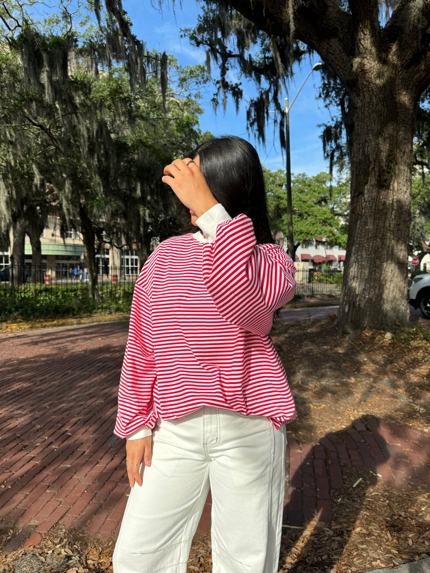 Red and White Striped Long Sleeve Tee