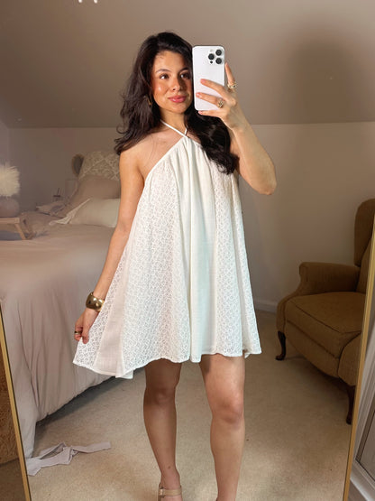 Lace Detail Open Back Halter Mini Dress
