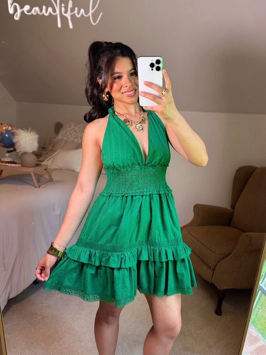 Green Lace Halter Neck Dress