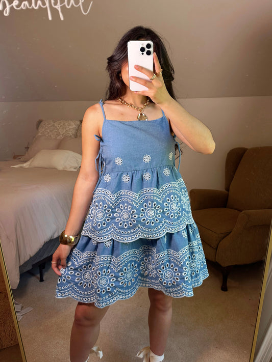 Blue Floral Embroidery Dress