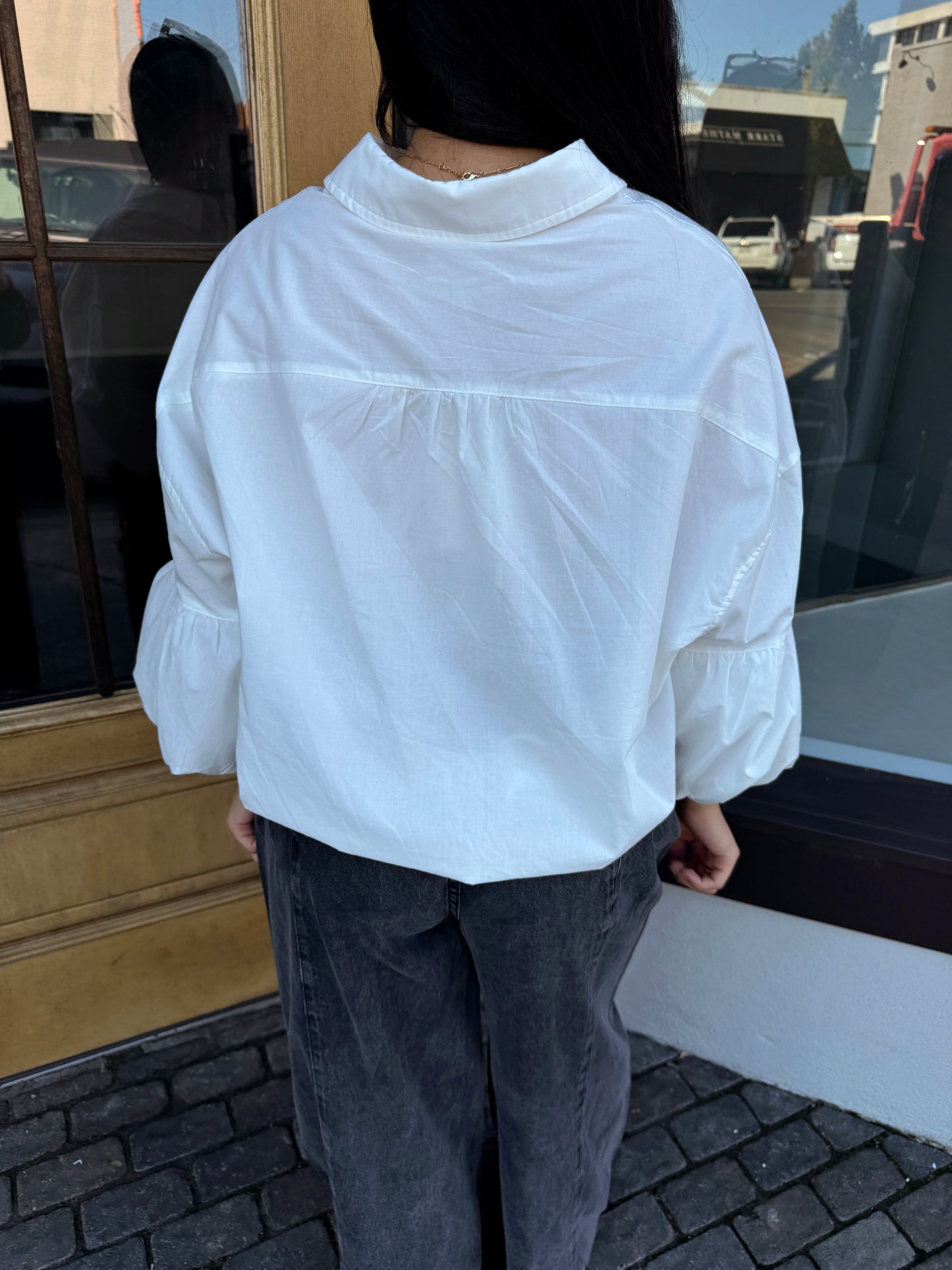 White Bubble Hem Button-Up Top