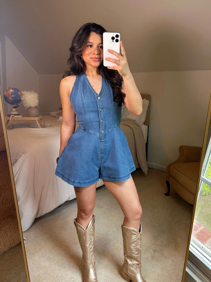 Girly Halter Open Back Denim Romper