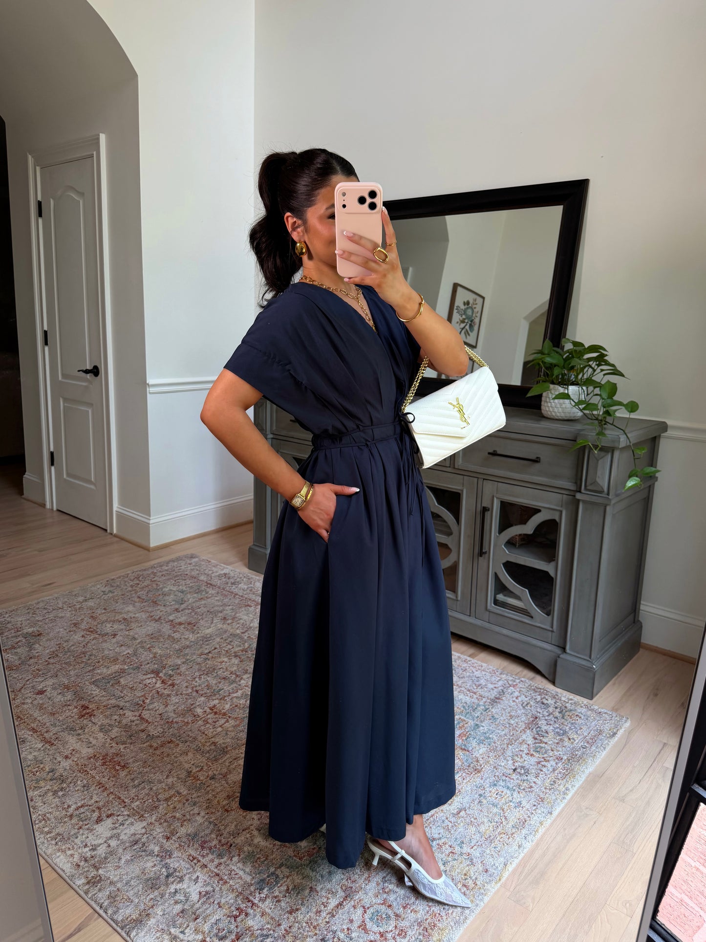 Darling Navy Pleated Midi Dress