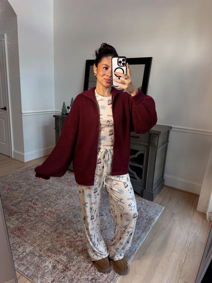 Burgundy Knit Zip Up Sweater