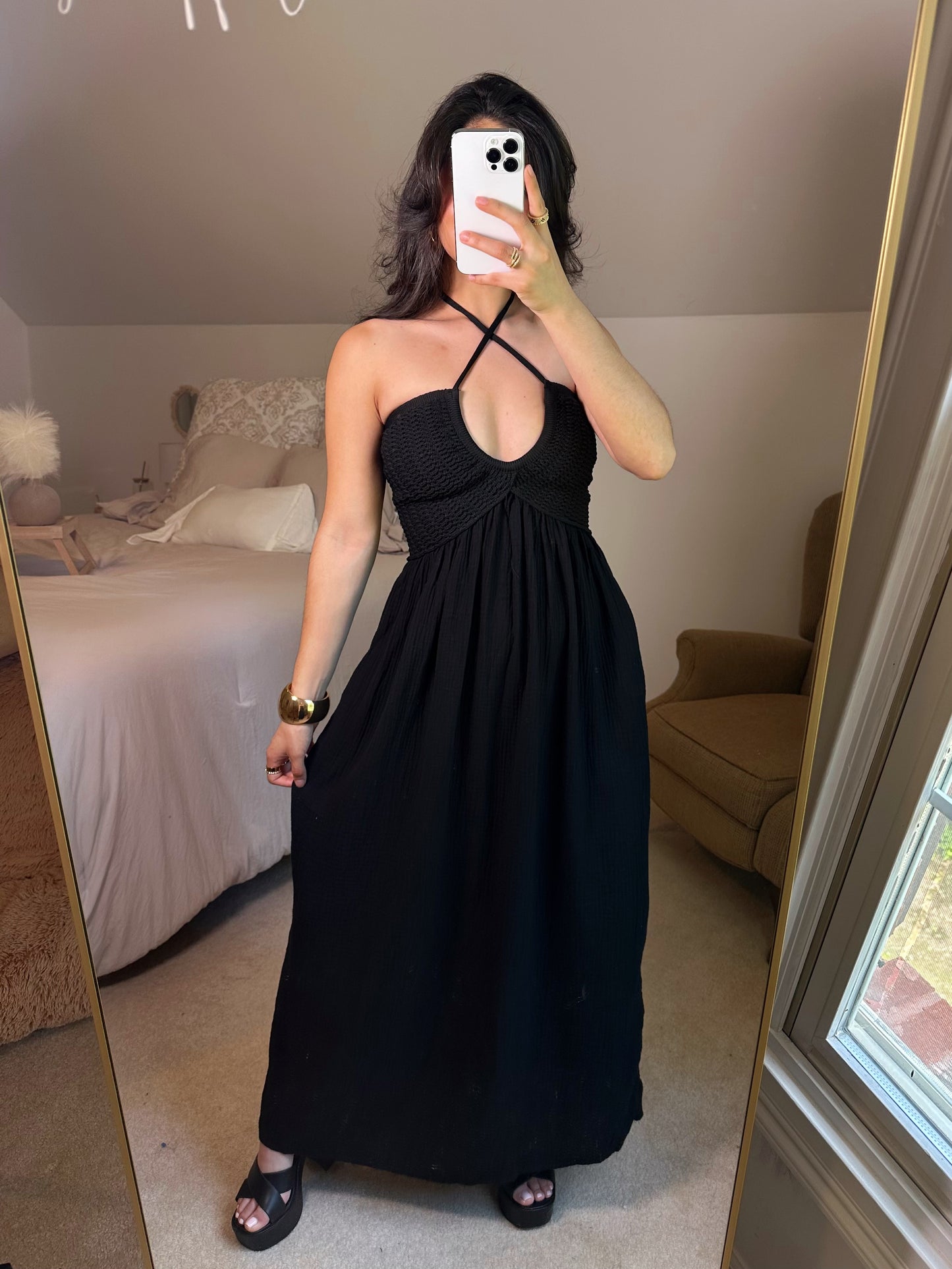 Vacation Black Halter Crochet Maxi Dress